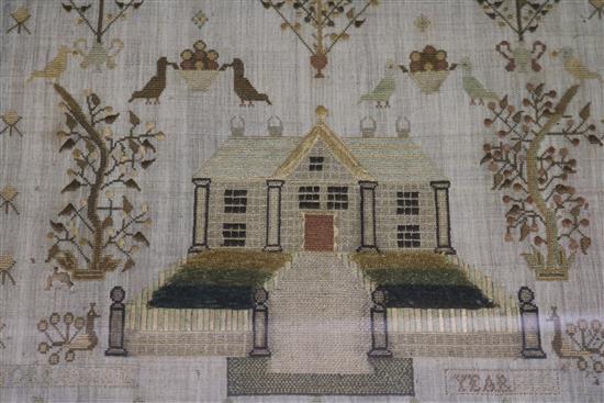 A George III needlework sampler, work with a country house, shrubs and birds, dated 1813